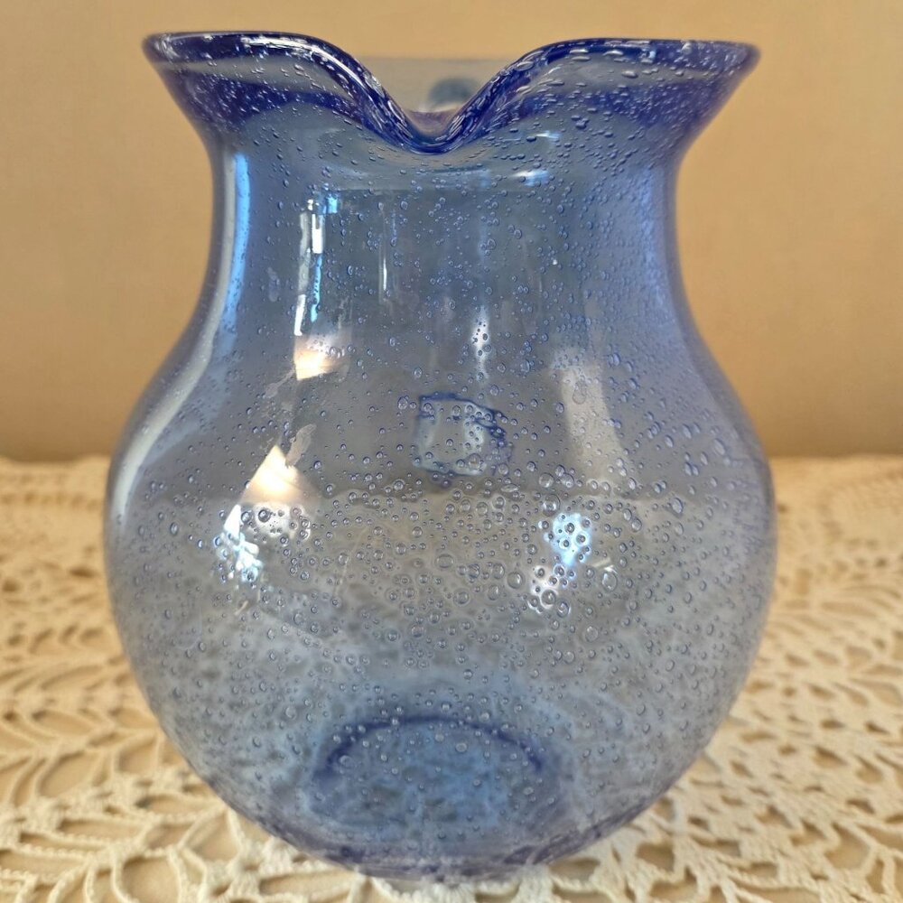 Vintage Cobalt Handblown Bubble Glass Pitcher With Clear Applied Handle - Picture 11 of 16
